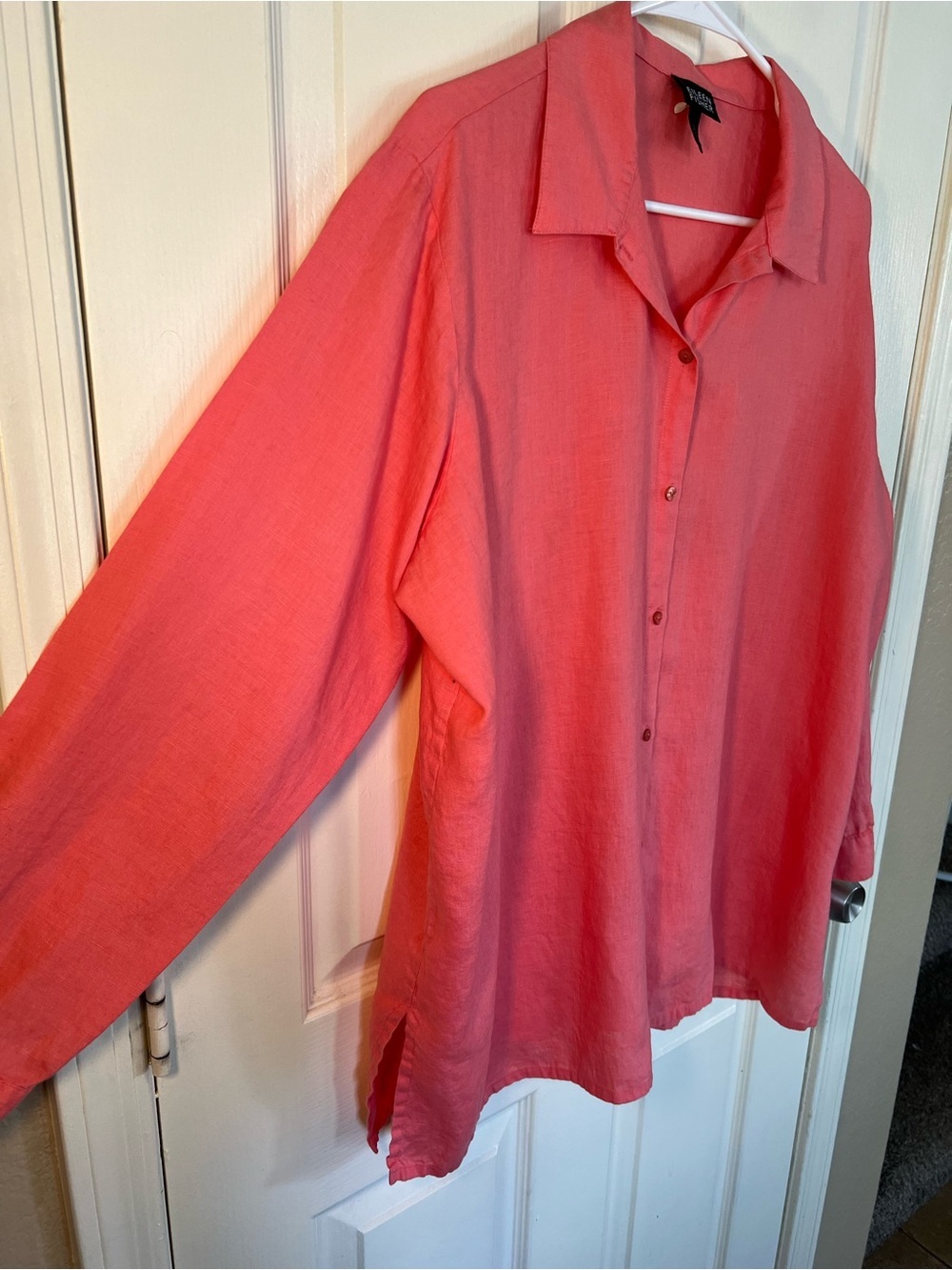 Eileen Fisher 100% Irish Linen Button Front Shirt Large Coral Long Sleeve - Picture 4 of 9